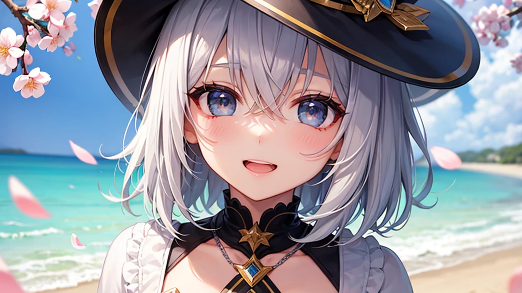 super high quality, with a girl, 20-year-old, very short hair, long bangs between the eyes, gray eyes , blue sky, sunlight, very detailed,(masterpiece、highest quality)、alone、gray hair、laughter、fantasy, silver hair, black eye, beautiful eyes,, ecstasy, charm, be smitten with audience, fantasyな風景、Princess、white clothes、cherry blossoms、hat、seaside