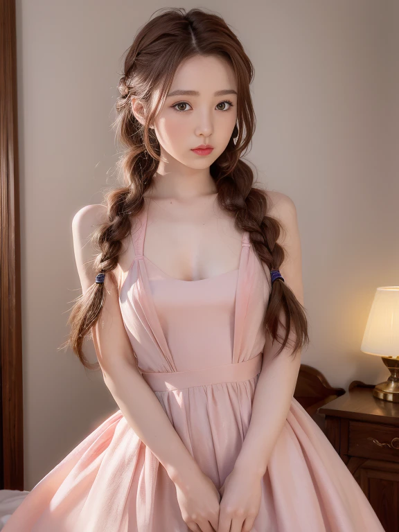 RAW photo, a 20-year-old woman, braid balayage, long hair, small size breast, hour glass shaped body, wearing rose dress, realistic, masterpiece, highest quality, [[chromatic aberration]],best shadow, photorealism, hyperrealism, one girl, pose in the sexy way
