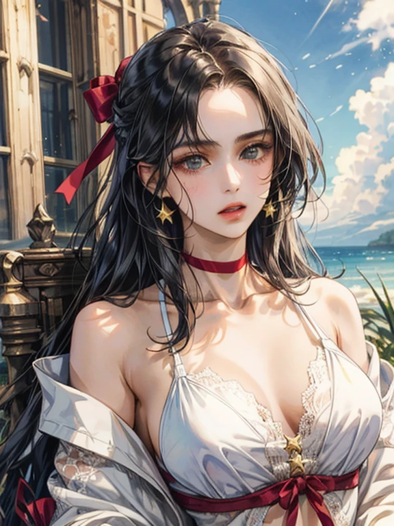 (best quality, 8K, masterpiece:1.3), pretty Woman, 1 girl, beautiful face, (Sexy), Dark brown hair, Half updo Half up half down, Ultra-detailed face, Detailed lips, super detailed eyes, double eyelids, long upper eyelashes, Soft skin, HD skin, Sabah, outdoor, Sea Holiday House, sea, 8k, Super detailed, best quality detail, retina, Ultra-high resolution, masterpiece, ccurate