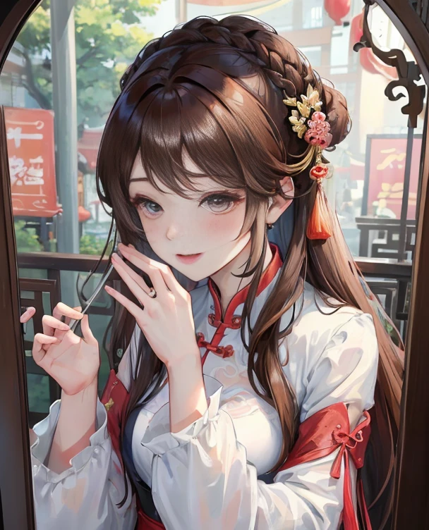 masterpiece, best quality, married woman, aldult, Chinese style, China, elder sister, Smile, hairpin,brown hair, Princess,Full of motherhood,China传统服饰,purely,blush,Dignified yet lively,Mother,Hands on the stomach,thin lips,Mature,pregnancy