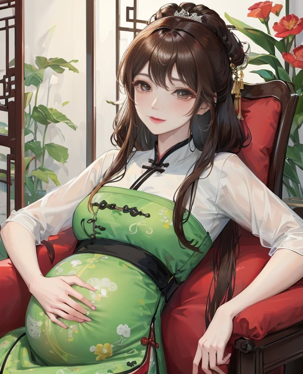 masterpiece, best quality, married woman, aldult, Chinese style, China, elder sister, Smile, hairpin,brown hair, Princess,Full of motherhood,China传统服饰,purely,blush,Dignified yet lively,Mother,Hands on the stomach,thin lips,Mature,pregnancy