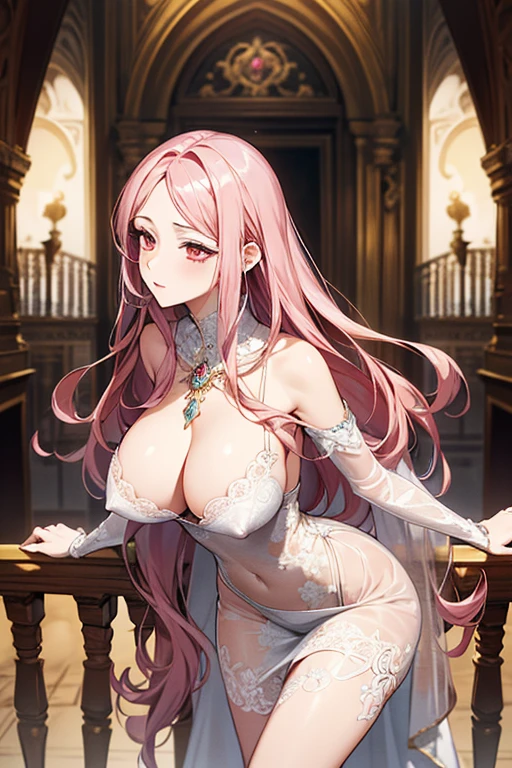 {{{{masterpiece}}}}, {{{super detailed}}}, {{{High resolution}}}, {{excellent anatomy}}, (((highest quality))), ((very delicate and beautiful)), {{very detailed and delicate}}, extremely detailed, solo, One female、best style、beautiful woman、The most beautiful woman in the world、(Sheer sexy dress:1.5),((big breasts))、(((long pink hair)))、Inside the chalk palace, baroque architecture, elegant walkways between towers, in luminist baroque style, royal palace, Baroque symmetry, Italian Renaissance architecture, Endless corridors, Rococo architecture, baroque palace,extremely detailedな瞳, solo, perfect face, pretty face, highly detailed face,Rich facial expressions、(muste piece), (best quality)、red eyes、sexy pose、sexy woman、beautiful and detailed design、nipple