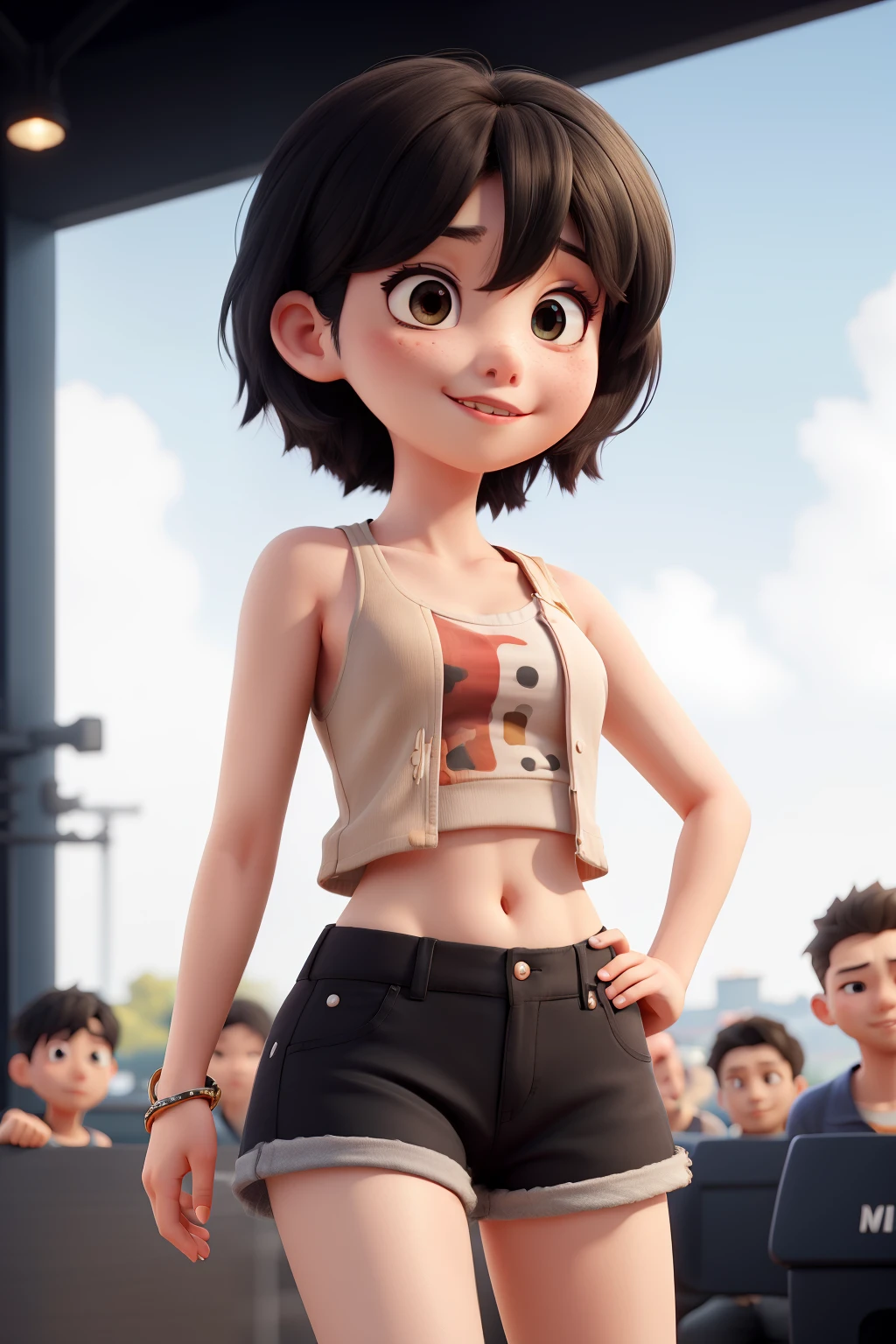 cute kpop girl on stage wearing short and torn midriff tanktop, short black hair