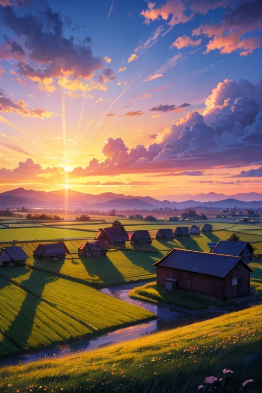 A painting of a barn in a field,The background is the sunset, anime rural scenery, 美丽的anime scenery, anime background艺术, anime scenerys, anime scenery, anime background, anime movie background, Anime landscape wallpaper, distant village background, 色彩缤纷的anime movie background, anime background主视觉, pub background, beautiful anime scene, anime scenery concept art, screenshot of animation