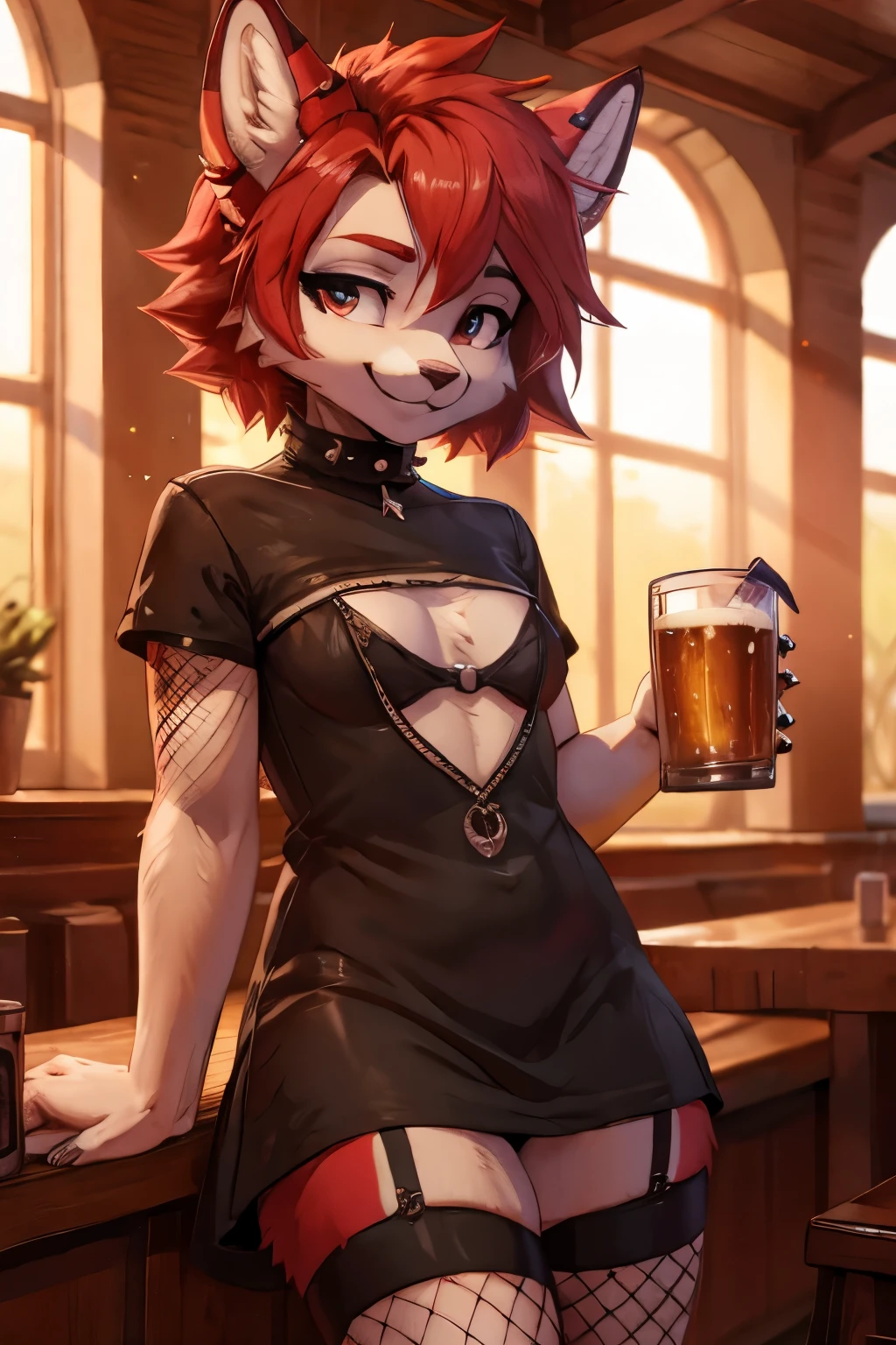 young girl, red hair, 18 years old, small breasts, small biotype, bob hair, tattoed arms, black tattos, piercings in face, , black dress, black letter dress, short dress, punk dress, wearing fishnet stockings, black boots, smiling, in a ballad, looking at viewer, holding beer cup, 4k, masterpiece
