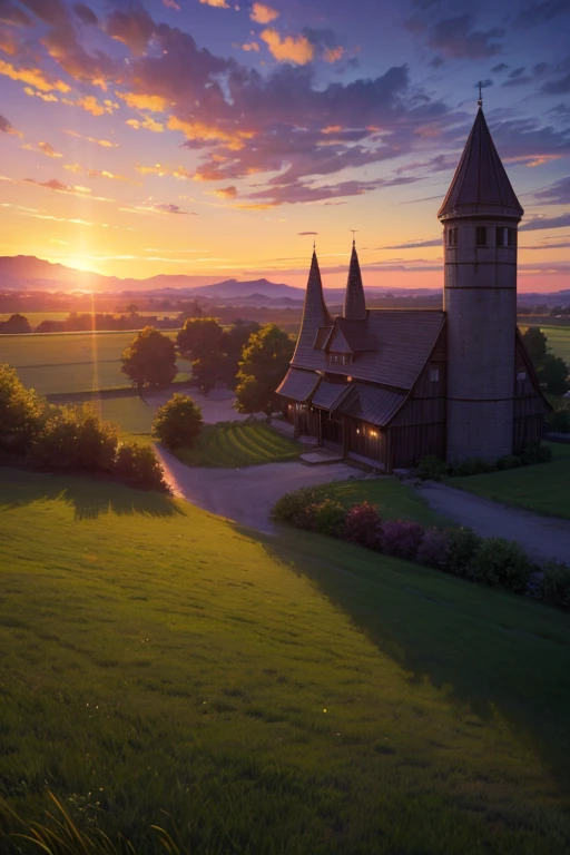A barn in a field, with a backdrop of a sunset, a countryside landscape in anime style, beautiful anime scenery, anime background art, anime landscapes, anime backgrounds, anime movie backgrounds, anime landscape wallpapers, a distant village background, a colorful anime movie background, the main visual of an anime background, a tavern background, beautiful anime scenes, anime landscape concept art, a screenshot from an animated movie. (best quality, 4k, highres, masterpiece:1.2), ultra-detailed, (realistic, photorealistic, photo-realistic:1.37), HDR, UHD, studio lighting, ultra-fine painting, sharp focus, physically-based rendering, extreme detail description, professional, vivid colors, bokeh, portraits, landscape, anime, sunset color tones, warm lighting.