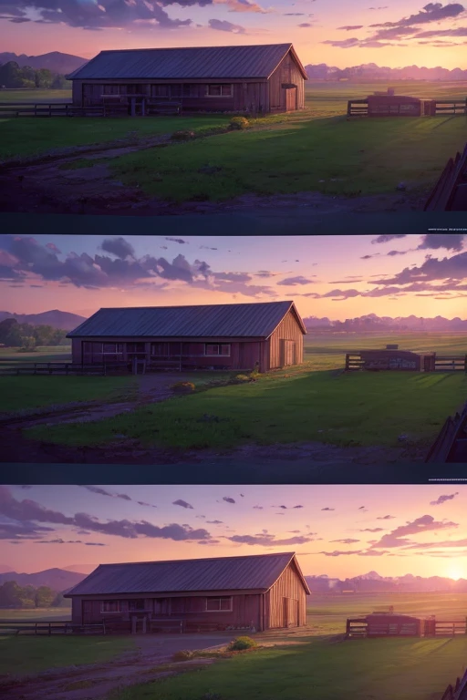 A barn in a field, with a backdrop of a sunset, a countryside landscape in anime style, beautiful anime scenery, anime background art, anime landscapes, anime backgrounds, anime movie backgrounds, anime landscape wallpapers, a distant village background, a colorful anime movie background, the main visual of an anime background, a tavern background, beautiful anime scenes, anime landscape concept art, a screenshot from an animated movie. (best quality, 4k, highres, masterpiece:1.2), ultra-detailed, (realistic, photorealistic, photo-realistic:1.37), HDR, UHD, studio lighting, ultra-fine painting, sharp focus, physically-based rendering, extreme detail description, professional, vivid colors, bokeh, portraits, landscape, anime, sunset color tones, warm lighting.