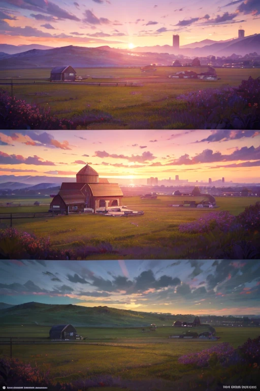 A barn in a field, with a backdrop of a sunset, a countryside landscape in anime style, beautiful anime scenery, anime background art, anime landscapes, anime backgrounds, anime movie backgrounds, anime landscape wallpapers, a distant village background, a colorful anime movie background, the main visual of an anime background, a tavern background, beautiful anime scenes, anime landscape concept art, a screenshot from an animated movie. (best quality, 4k, highres, masterpiece:1.2), ultra-detailed, (realistic, photorealistic, photo-realistic:1.37), HDR, UHD, studio lighting, ultra-fine painting, sharp focus, physically-based rendering, extreme detail description, professional, vivid colors, bokeh, portraits, landscape, anime, sunset color tones, warm lighting.