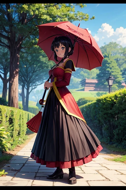 A woman in a long skirt holds a red umbrella in front of a tree, aromatic, Screenshots from animated movies, Megumin from konosuba, semi follower, half fragrance, Screenshot of black clover, Screenshots from the 2012 animation, In animation, Carry a magic wand