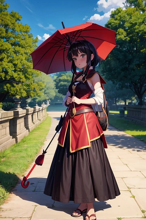 A woman in a long skirt holds a red umbrella in front of a tree, aromatic, Screenshots from animated movies, Megumin from konosuba, semi follower, half fragrance, Screenshot of black clover, Screenshots from the 2012 animation, In animation, Carry a magic wand