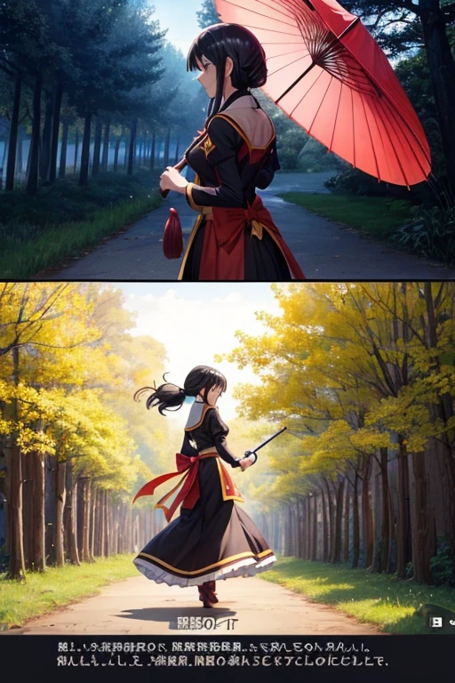 A woman in a long skirt holds a red umbrella in front of a tree, aromatic, Screenshots from animated movies, Megumin from konosuba, semi follower, half fragrance, Screenshot of black clover, Screenshots from the 2012 animation, In animation, Carry a magic wand