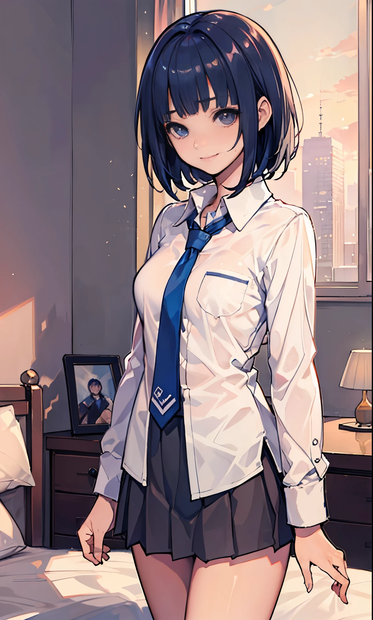 (masterpiece:1.2),best quality,PIXIV,sweat,
cowboy shot,1woman、18-year-old、Beauty, solo, necktie, black hair,bob hair, blunt bangs, shoulder-length hair,shirt, school uniform,pleated skirt、mini skirt,white shirt,blue hair, looking at viewer, collared shirt, from front, skinny、smaller head、medium breasts, long sleeves, black eyes,shy look、a smile,Simple bed、simple bedroom、sunset、