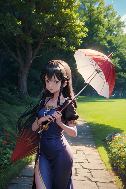 "(best quality,ultra-detailed,realistic:1.37),a woman wearing a long dress,holding a red umbrella in front of a tree,fragrant,an animation movie screenshot,Eu from Konosuba,half-follower,half-incense,a screenshot from Black Clover,a screenshot from an animation movie,in an animation movie,carrying a magic wand"