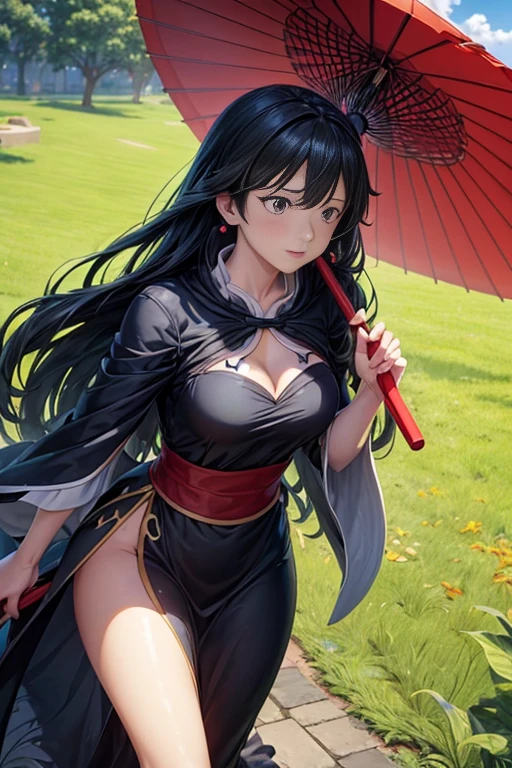 "(best quality,ultra-detailed,realistic:1.37),a woman wearing a long dress,holding a red umbrella in front of a tree,fragrant,an animation movie screenshot,Eu from Konosuba,half-follower,half-incense,a screenshot from Black Clover,a screenshot from an animation movie,in an animation movie,carrying a magic wand"