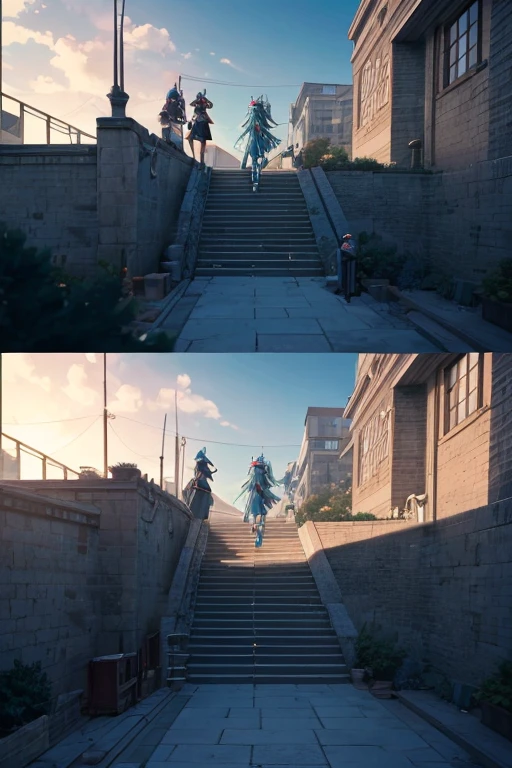 Animated scene of a group of people walking up a flight of stairs, Screenshots from animated movies, anime scene, Screenshots from the 2012 animation, Cyan hair anime girl, in animated movies, hatsune miku in warhammer 40k, anime screenshot, aqua of konosuba, black moody scene, beautiful anime scenes