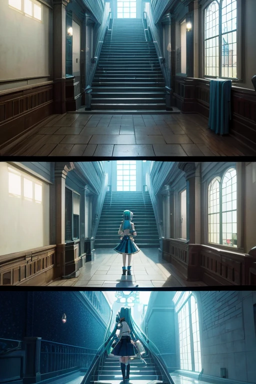 Animated scene of a group of people walking up a flight of stairs, Screenshots from animated movies, anime scene, Screenshots from the 2012 animation, Cyan hair anime girl, in animated movies, hatsune miku in warhammer 40k, anime screenshot, aqua of konosuba, black moody scene, beautiful anime scenes