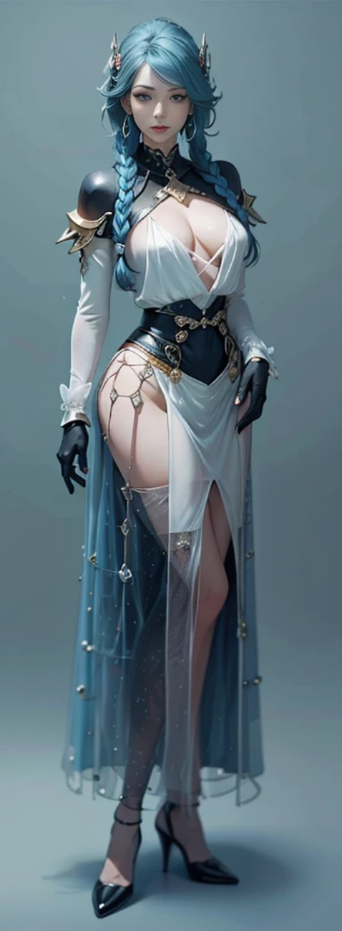 blue hair surrealist, shadow, character table, Reference table, Draw while standing, 8k, Super details, 1080P, Women HD, 4K, 8k, 16k, high resolution, best quality, high quality, anatomically correct, masterpiece, precise, ultra high definition，grace，Unreal Engine，delicate face，long braids，slim，long legs