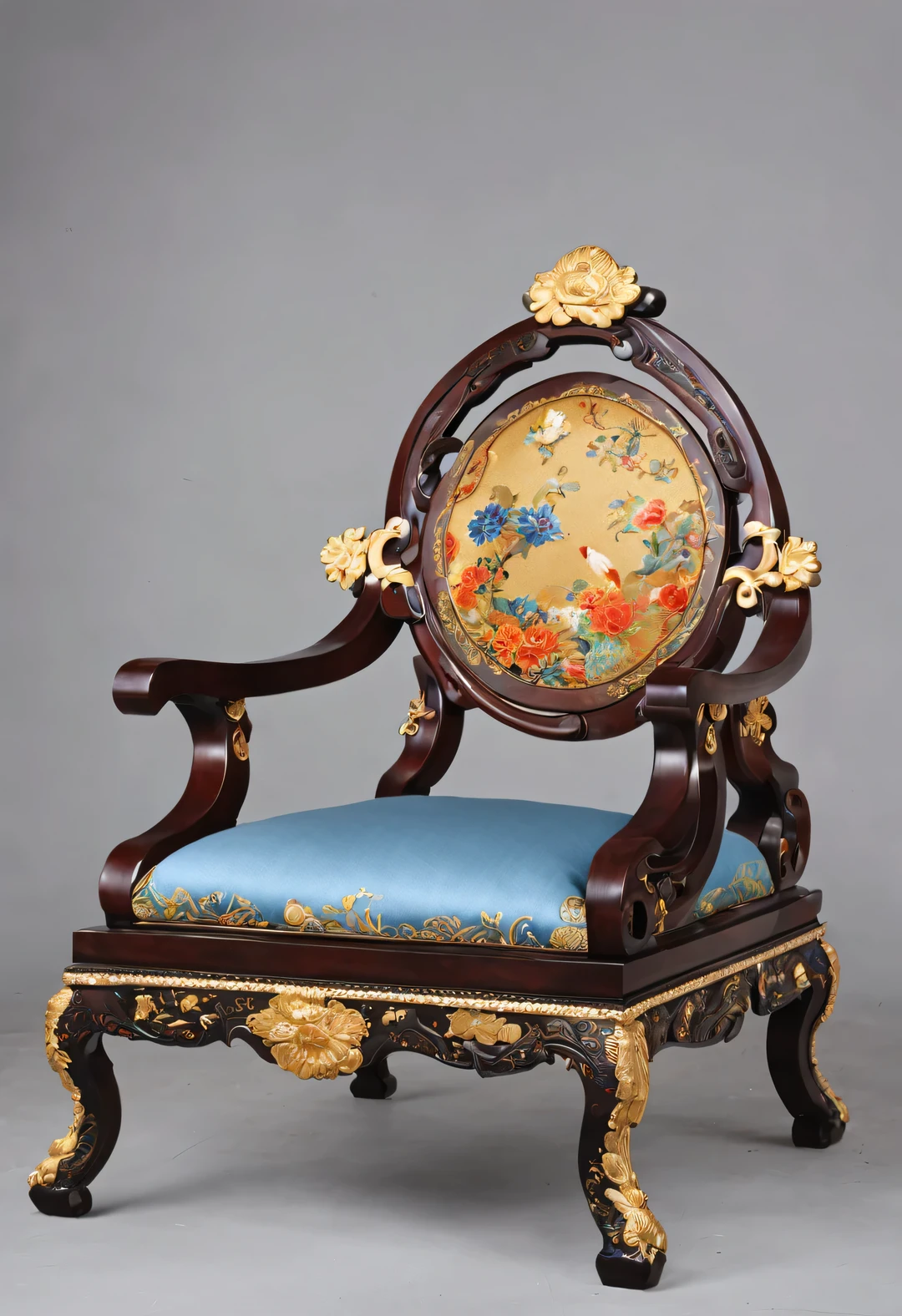 ultra high definition,masterpiece,precise,Super detailed,high detail,high quality,Award-winning,best quality,high-rise,16k,background:simple gold,
Decorative Arts,(Close-up of Chinese cloisonné style round chair),Inlaid cloisonné palace chair,It is a traditional furniture made of high quality white rosewood.,Copper cloisonné enamel tire,The chair has delicate flowers on its surface,bird,fish,Auspicious cloud pattern,The chair ring is round,The seats are square,