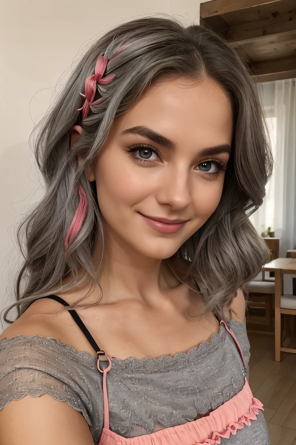 Eine Frau mit dem Namen "Mia" ist extrems paarungsbereit. Sie hat lange, curly brows, ihre glanzvollen, braunen Augen schauen mit heiterem Blick auf den Betrachter. Ihr feines Gesicht ist mit roten Lippen akzentuiert, which give a subtle and easy smile on their alluring teeth. Her gray hair dreams cascade upwards over her bare shoulders. She wears a colorful one, spannendes Outfit mit einer hohen Halsk