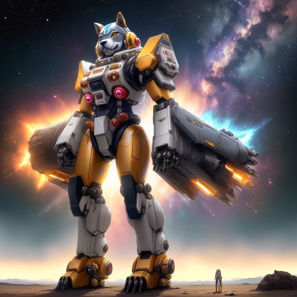 (space art),(anthropomorphism),(Full Body Shot), solo, 1 COGI DOG mecha warrior, wearing a mecha, standing on your feet,(extremely colorful, Best quality, high detailed, Masterpiece, Cinematic Lighting, 4K, Chiaroscuro)