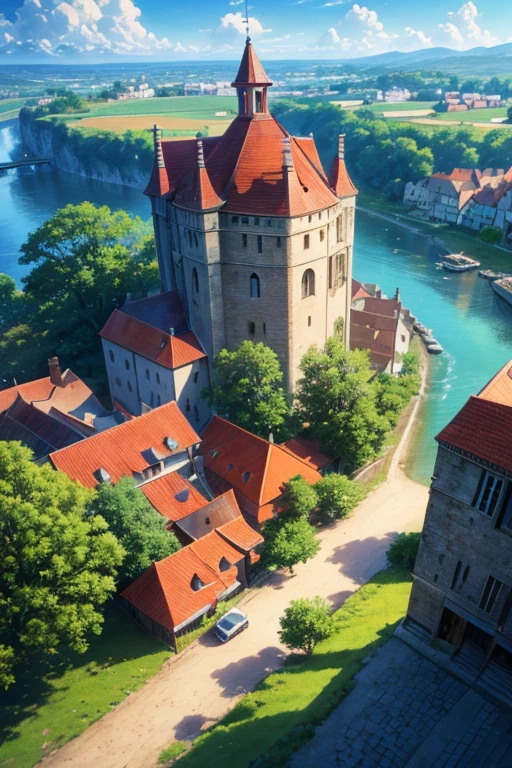 (best quality,4k,8k,highres,masterpiece:1.2),ultra-detailed,(realistic,photorealistic,photo-realistic:1.37),anime,landscape,vivid colors,sharp focus,physically-based rendering,small river flowing through a small town,countryside scenery from attack on titan,countryside cityscape,anime still shot,background of a small town,screenshot from an animated movie,Renaissance-era port city background,concept art of anime scenery,screenshot from an animated film,anime scenery,countryside village in the distance,european river,artistic anime background