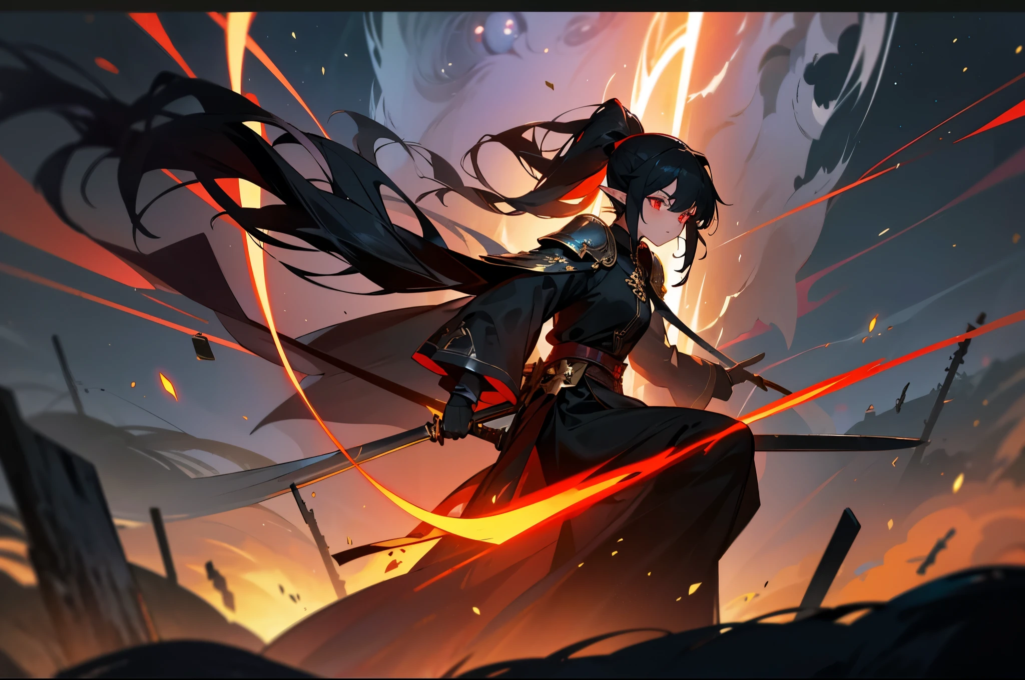 girl,,black hair,long hair,red eyes,glowing eyes,glowing eyes,Black-red armor,long skirt,背景是universe,starry sky,universe,Earth,black hole,Mystery,black hair band,tied up hair,elf ears,Black branches,brandishing a sword,Gold and black greatsword,raging fire,,Tyndall effect,epic,poster,,A ponytail,tied up hair,warrior