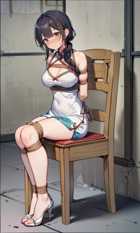 masterpiece, best quality,alone,((rope)),((blush)), ((tears)), ((tie the neck)),((Exhausted)),((High heel)),((cheongsam)), (((()))),((arms_behind_Back)),((legs together)), ((Bondage)),((chaili))