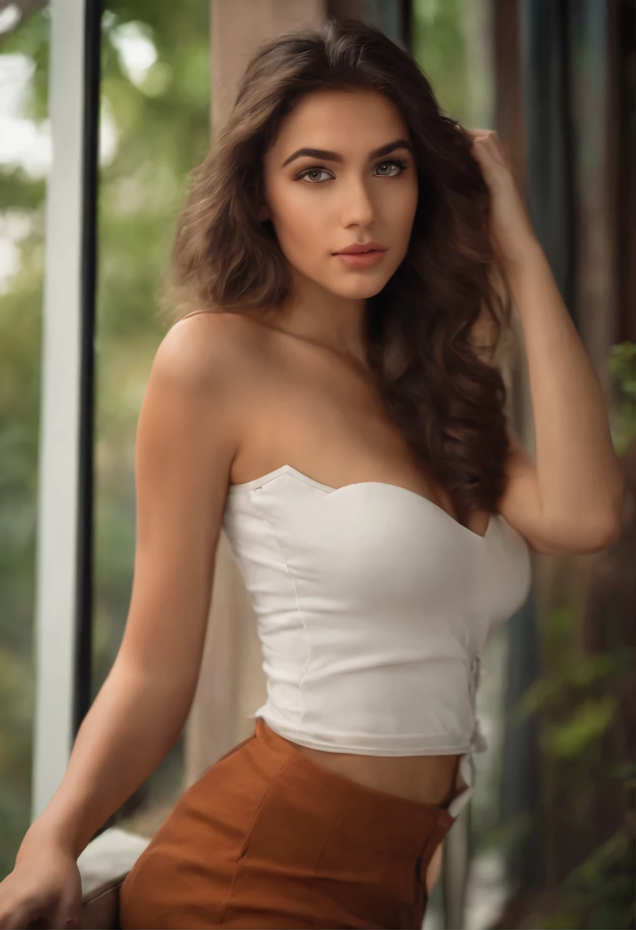 1girl 18 year old, solo, long brunette hair, medium breasts, looking into distance, low-cut top, brown eyes, shoulders to knees, lips, nose, short skirt, flirting