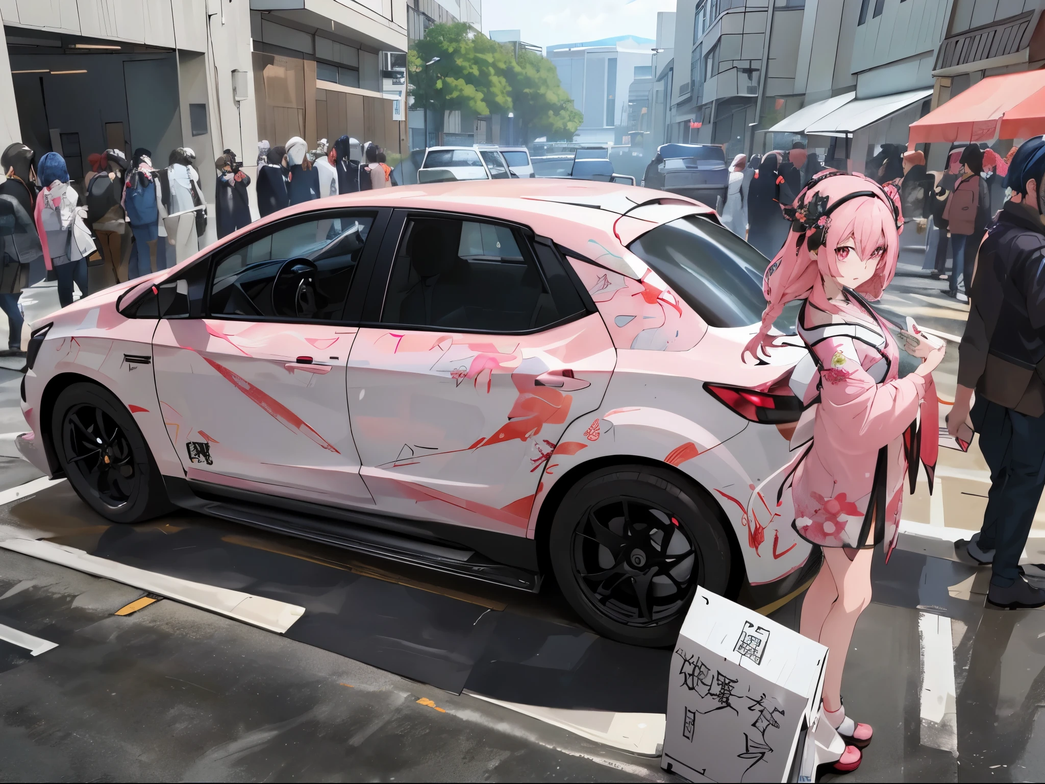 There is a car,It has a pink and white design on it, Anime car wrap, cgstation trends, anime style mixed with fujifilm, Lingchang, anime convention, from the night of the ark, Tokyo anime scene, art deco outrun anime aesthestic, guweiz, Lingchang art, by Shitao, anime art vehicle concept art, There are eight anime characters