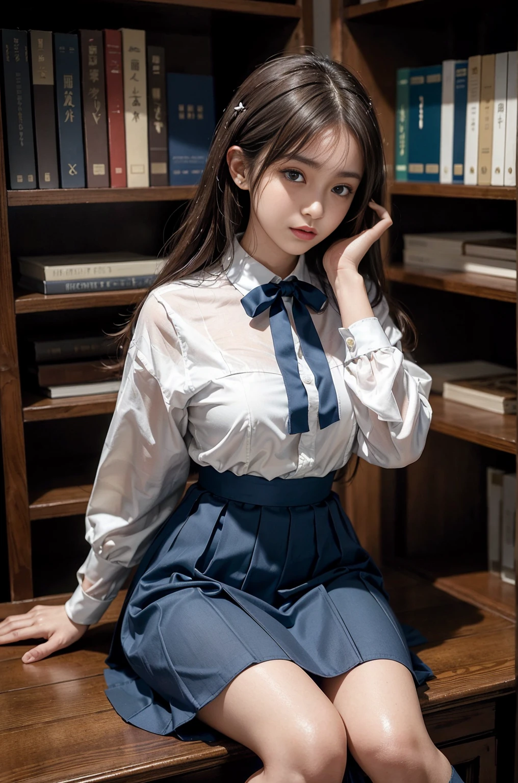 20 year old woman, (high top faded: 1.3), (low(low)), (soft focus), HD, masterpiece, HD, HD, 4K, 超HD, Very realistic shadows, Surrealism, 戏剧性的lamp光, a girl, alone, Detailed face, lifelike眼睛, lifelike皮肤, dynamic hair, dynamic poses, dynamic angle, (White shirt), (dark blue bow tie) , (((Dark blue long skirt)))), ((white hem socks))), library background, (original photo: 1.2), (lifelike: 1.4), beautiful and delicate woman, Extremely detailed eyes and face, beautiful and delicate eyes, Larger file size, 一个Very detailed的, high resolution, Very detailed, best quality, (bright interior), (soft light), (low对比度), ( see deeply), (Portrait of a beautiful woman illuminated by soft light), (Very delicate and elegant depiction), (short bangs), (Head color is dark chestnut，Slightly brownish), (Subtle and silky waves), (long hair两侧错综复杂地编织小辫子), ((white hem socks))), illustration, Very detailed, BAPV, unity, 8k wallpaper, amazing, Exquisite details, best quality, Highly detailed integrated 8K wallpapers so far this year, Coordinating Minister, lamp, 1 girl, 25 years old, (((No)), (camel toe), (half), (Sit on bent knees and legs)), long hair, dark theme, soothing tone, pastel colors, high contrast, (natural skin texture, Surrealism, soft light, No耐烦), Capturing the serene beauty of a young woman immersed in the peaceful atmosphere of a library.. Soft diffused light gently illuminates her features., It emphasizes her sophisticated look and creates a calm atmosphere. Library shelves filled with books，Provide background on knowledge and wisdom. It focuses on capturing models&#39;Natural charm and elegance, Stay calm and consider the nature of the moment. Cute 21 year old Japanese gravure model，Soft body, gray brown wavy hair, Decorate with ribbon, charming appearance. She wears a frilly white blouse, Blue ruffled skirt and white ruffled socks. sitting on bed, She hugged her knees，Staring at the camera, Exudes melancholy charm. Create scenes where beauty and ephemerality intertwine, national foundation