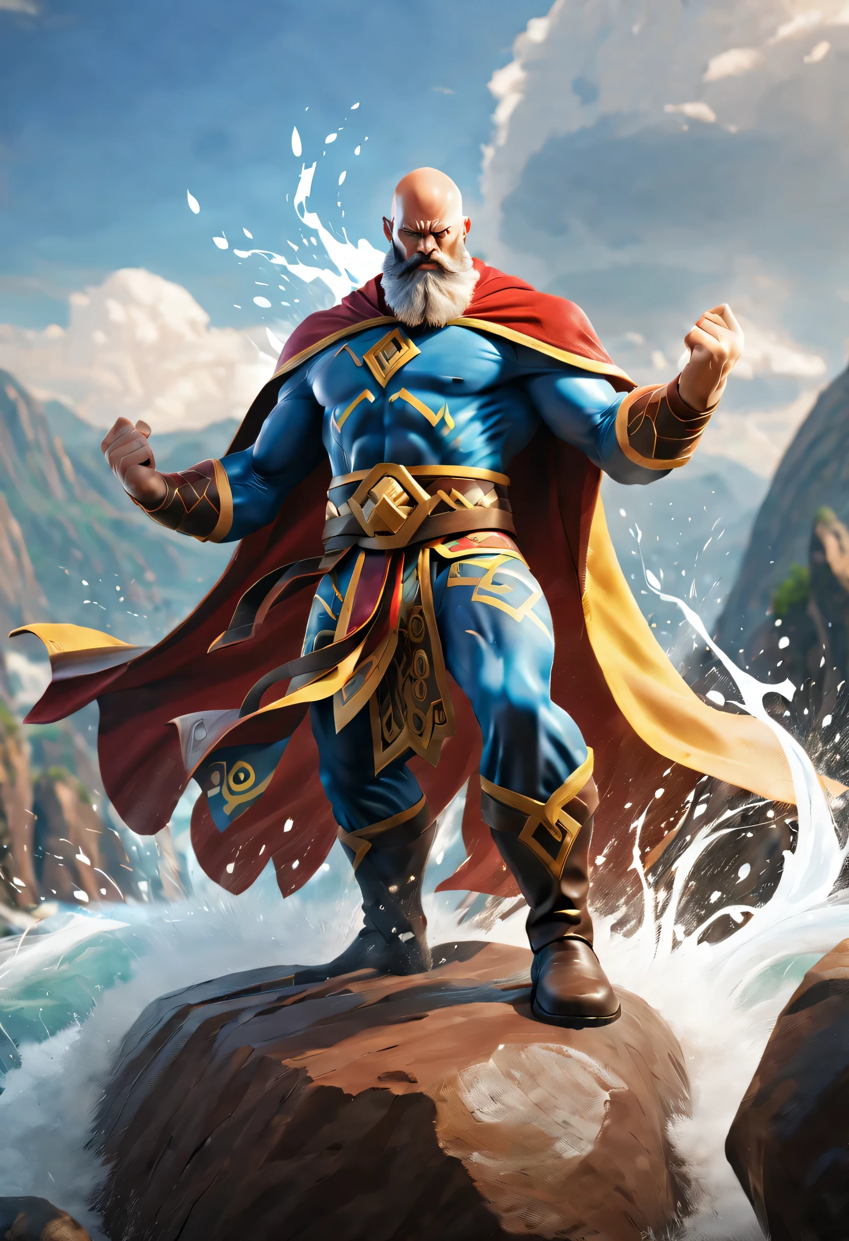 (masterpiece, best quality), intricate details, 8k, artstation, wallpaper, official art, splash art, sharp focus, bald and bearded hero, mighty powers of the elements, standing on large boulder, angry and mighty