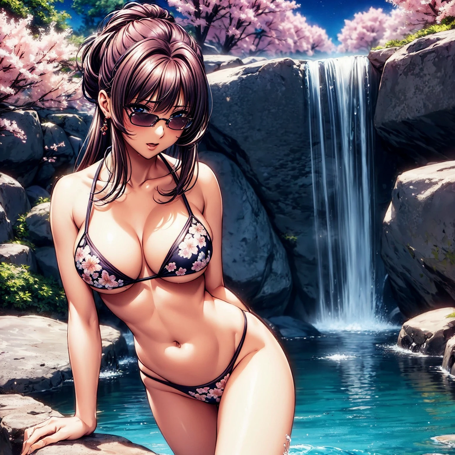 (((highest quality、masterpiece、very high resolution))),(There is one woman who has perfect and ultimate beauty.,beautiful figure,beautiful face,beautiful skin,beautiful breasts,Well-formed eyes and nose),(you have a nice look,open your mouth,cheeks are red),(beautiful hair,best hair texture),(beautiful breasts:F cup,Best skin texture,),((elegant floral bikini,bikini swimwear:colorful)),(Fantastic waterside,There is a waterfall,Night cherry blossoms and lanterns,mysterious night sky、beautiful scenery,There is a sense of dynamism,the wind is blowing)、(water play,beautiful pose,model shoot),(best shot,RAW photo)、Realistic portraits,bijinga,