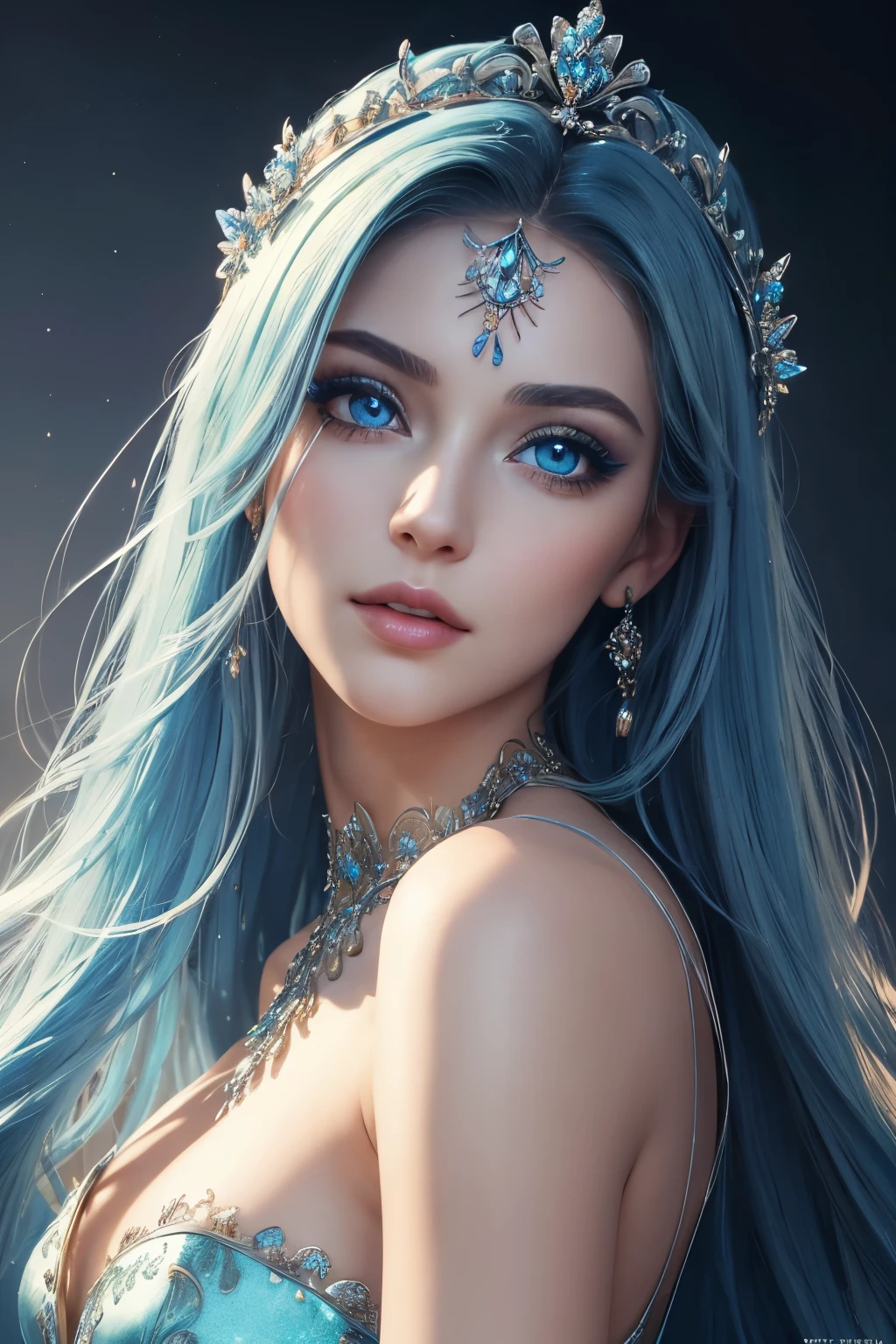 true masterpiece, a beautiful gorgeous fairy princess woman, blue hair, blue eyes, symmetrical eyes, detailed eyes, high quality eyes, perfect eyes, blue dress, perfect face, blue eyeshadow makeup on her eyes, eyeliner, very long beautiful eyelashes, blue necklacke, blue tiara on her head, high quality face, gentle face, realistic, photorealistic, shiny skin, (masterpiece:1.5), concept art, intricate details, highly detailed, octane render, 8k, unreal engine, dynamic pose, best quality, highres, pale skin, beautiful makeup, stunning beauty, very long eyelashes, 32k, high dynamic range, ultra realistic, highly detailed, high definition, extraordinary, stunning, beautiful, serene, normal proportions, perfect anatomy, realistic face, realistic eyes, highly detailed face, highly detailed body, high details, intricate clothing, glowing shadows, beautiful gradient, depth of field, clean image, extremely detailed face, highly detailed background, perfection, dreamy, gentle face, flowing, bright, bright background, sparkles in background, rays of light, plump lips, dazzling eyes, foreground, top of her dress is visible
