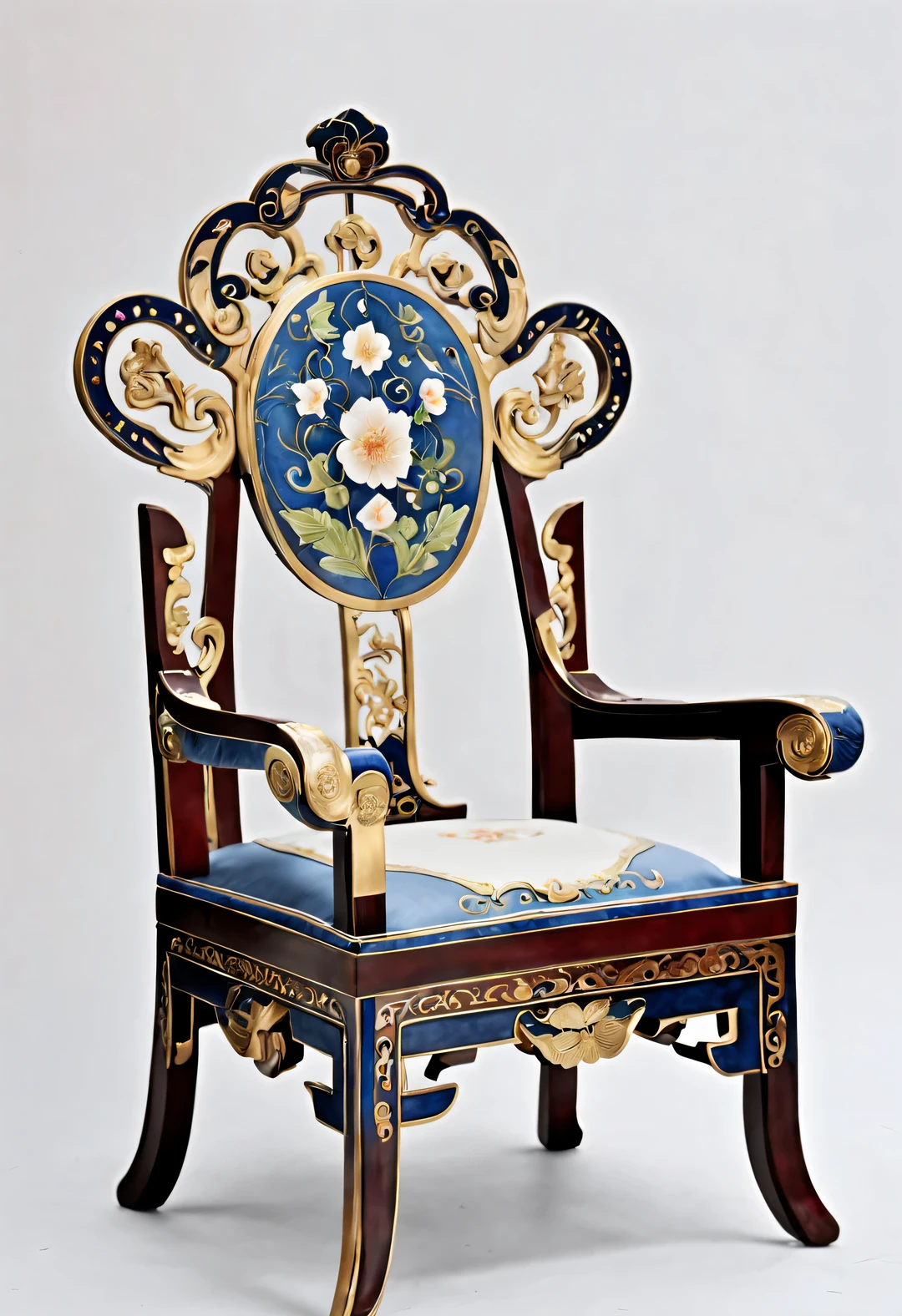 ultra high definition，masterpiece，precise，Super detailed，high detail，high quality，Award-winning，best quality，high-rise，16k，background：simple gold， Decorative Arts，（Close-up of Chinese cloisonné style round chair），Inlaid cloisonné palace chair，It is a traditional furniture made of high quality white rosewood.，Copper cloisonné enamel tire，The chair has delicate flowers on its surface，bird，fish，Auspicious cloud pattern，The chair ring is round，The seats are square，