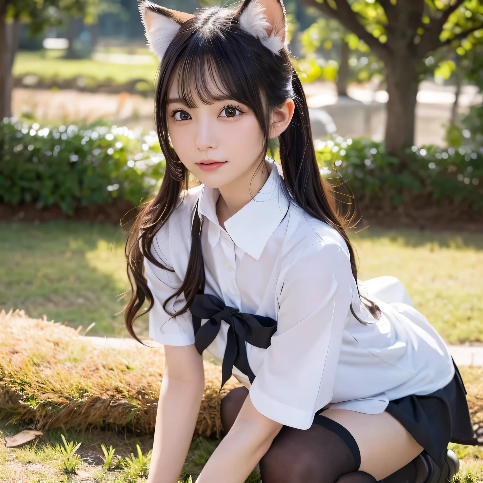 Girl with a furry Tail , Fox girl, Fox Tail, Tail, collared shirt, top quality, Bushy Tail,on the table, best quality, illustration, Ultra-deTailed, finedeTail, high resolution, 8k wallpaper, Perfect dynamic composition, Beautiful deTailed eyes,whole body摄影,original photography、(((ultimate beauty portrait)))、((sparkling skin)),((masterpiece、top quality、ultra-deTailliert、movie light、intricate-deTail、high resolution、ighly deTailed))、background for this、8 kood、digital SLR、soft light、high quality、film grain、富士XT3、Above the legs、Front view,whole body,permanent