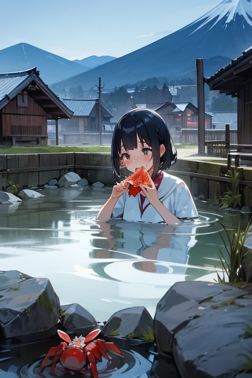 A girl soaking in a hot spring with her crab legs while doing ahegao double piece、In a village surrounded by Mt. Yatsugatake and Mt. Fuji