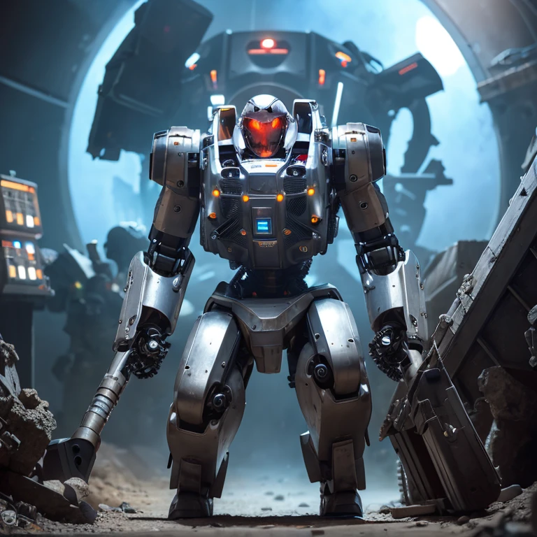 mechanical,robot,weapons,sturdy,Combat use,Color is silver,A round crystal ball is embedded in the chest.,Chest is weak point,firearm in arm,thrusters on legs,face is monitor,jetpacks,