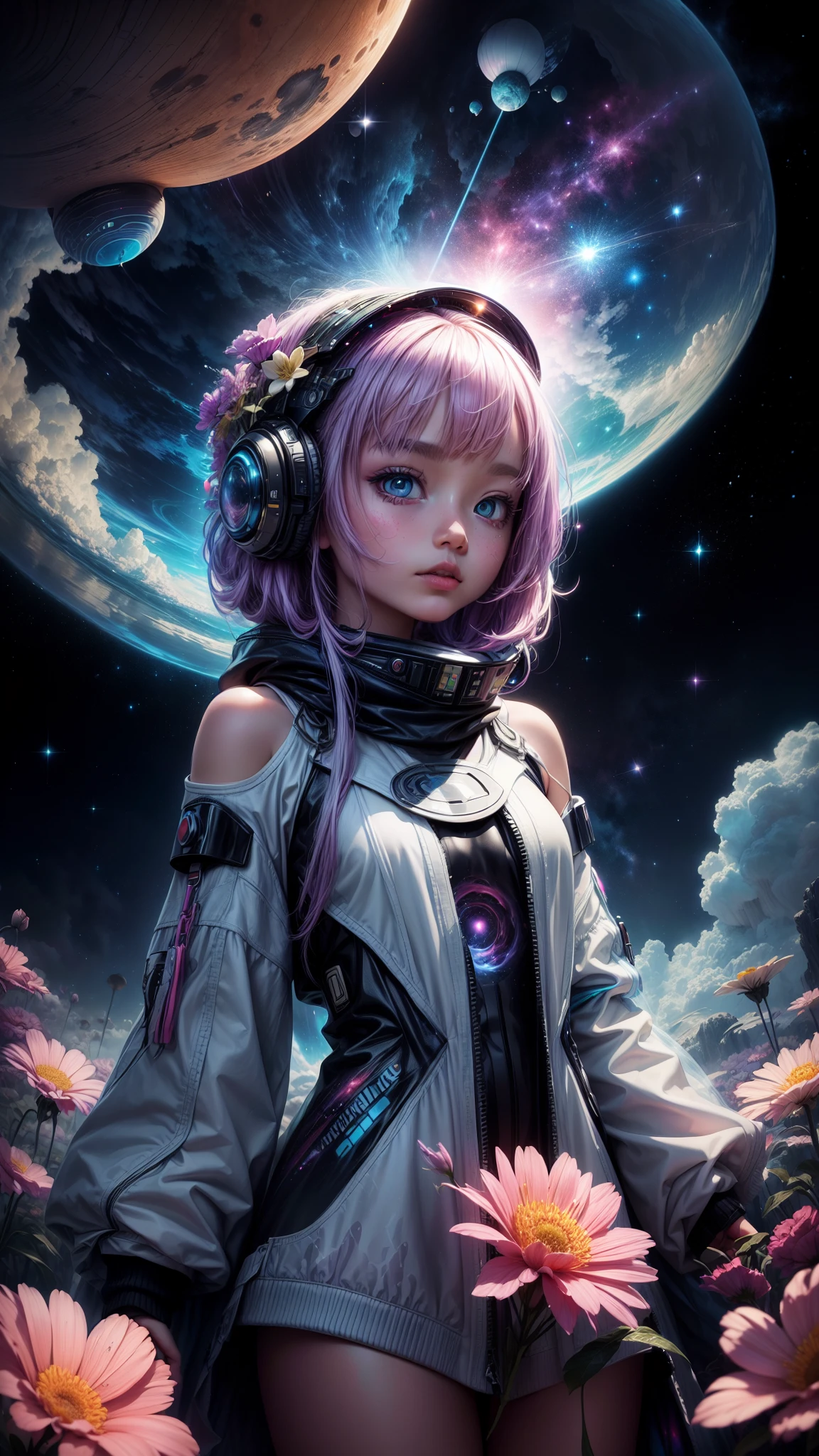 "((Galactic)) scene portraying an alien girl surrounded by a symphony of clouds, splashes of vivid colors, and delicate flowers, an imaginative composition that sparks the viewer's curiosity"