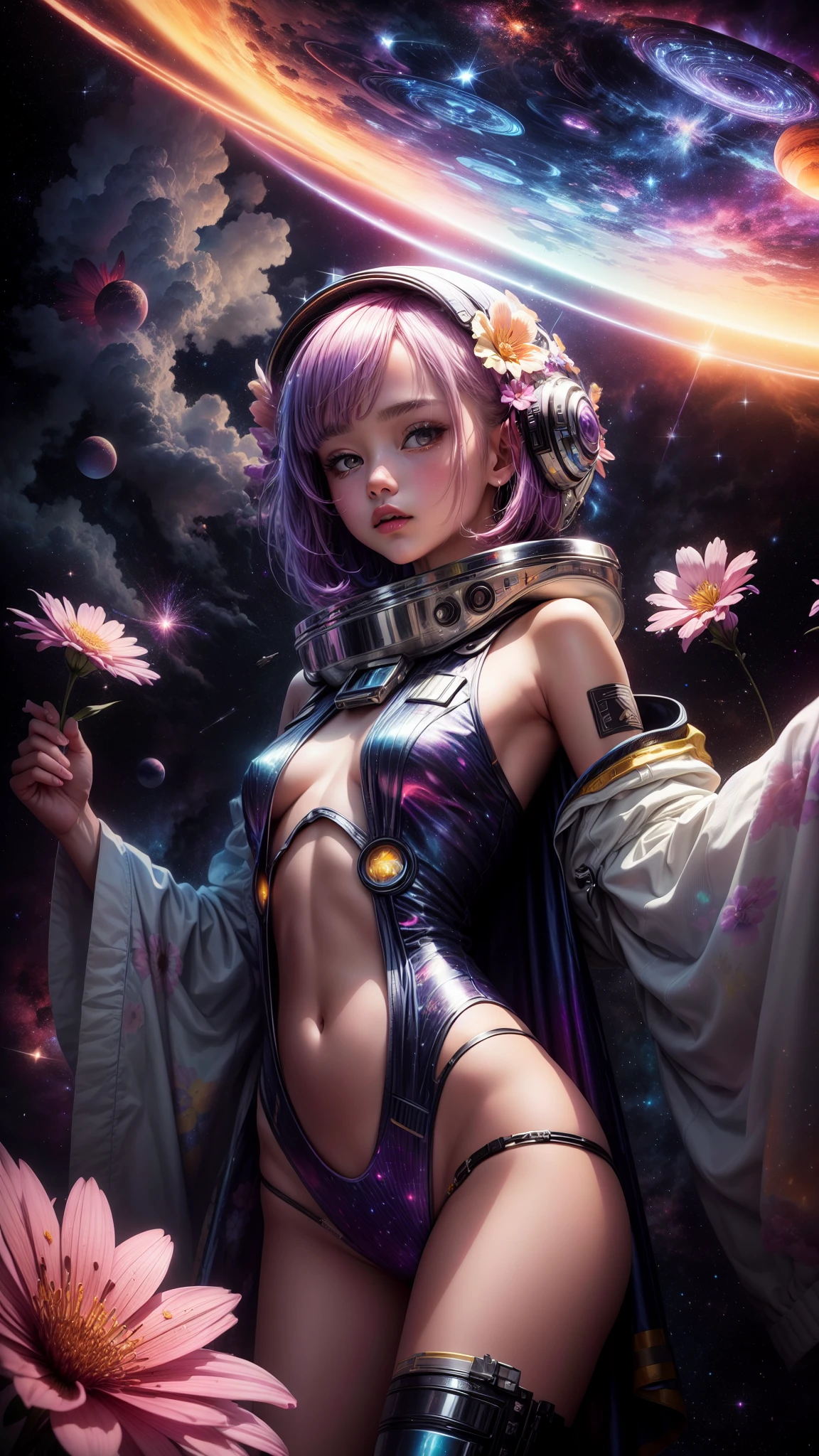 "((Galactic)) scene portraying an alien girl surrounded by a symphony of clouds, splashes of vivid colors, and delicate flowers, an imaginative composition that sparks the viewer's curiosity"