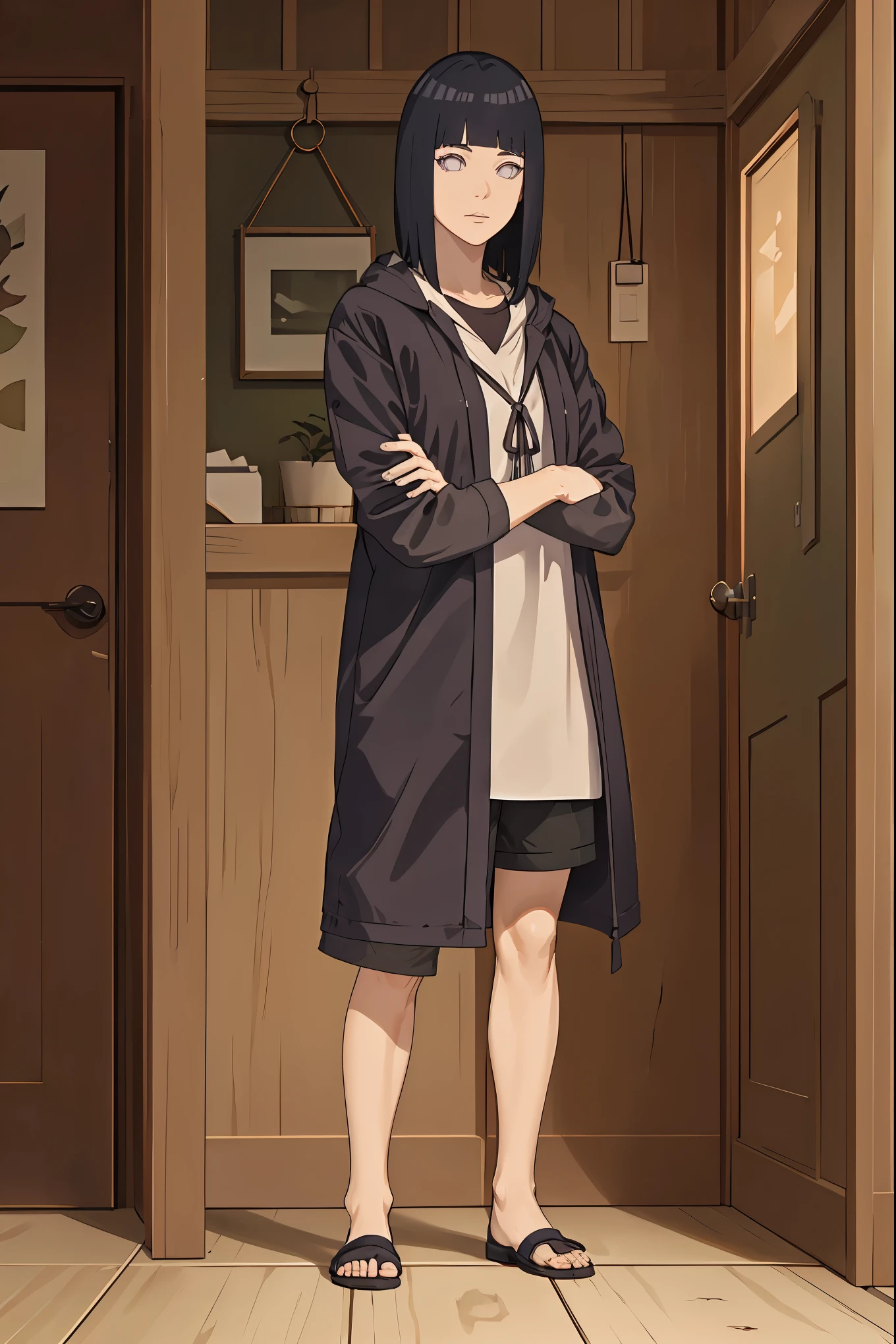 masterpiece, stunning realistic,best quality,hinata hyuga steht in einem Haus,big ,full body,Crossing arms