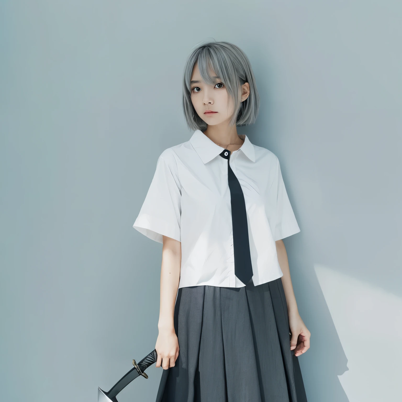 (1 girl), (alone), (female focus), (Ahoge, gray hair, short hair), black eye, ((white shirt), (buttoned shirt)), ((black skirt), (long skirt)),stand，white background，sword holding