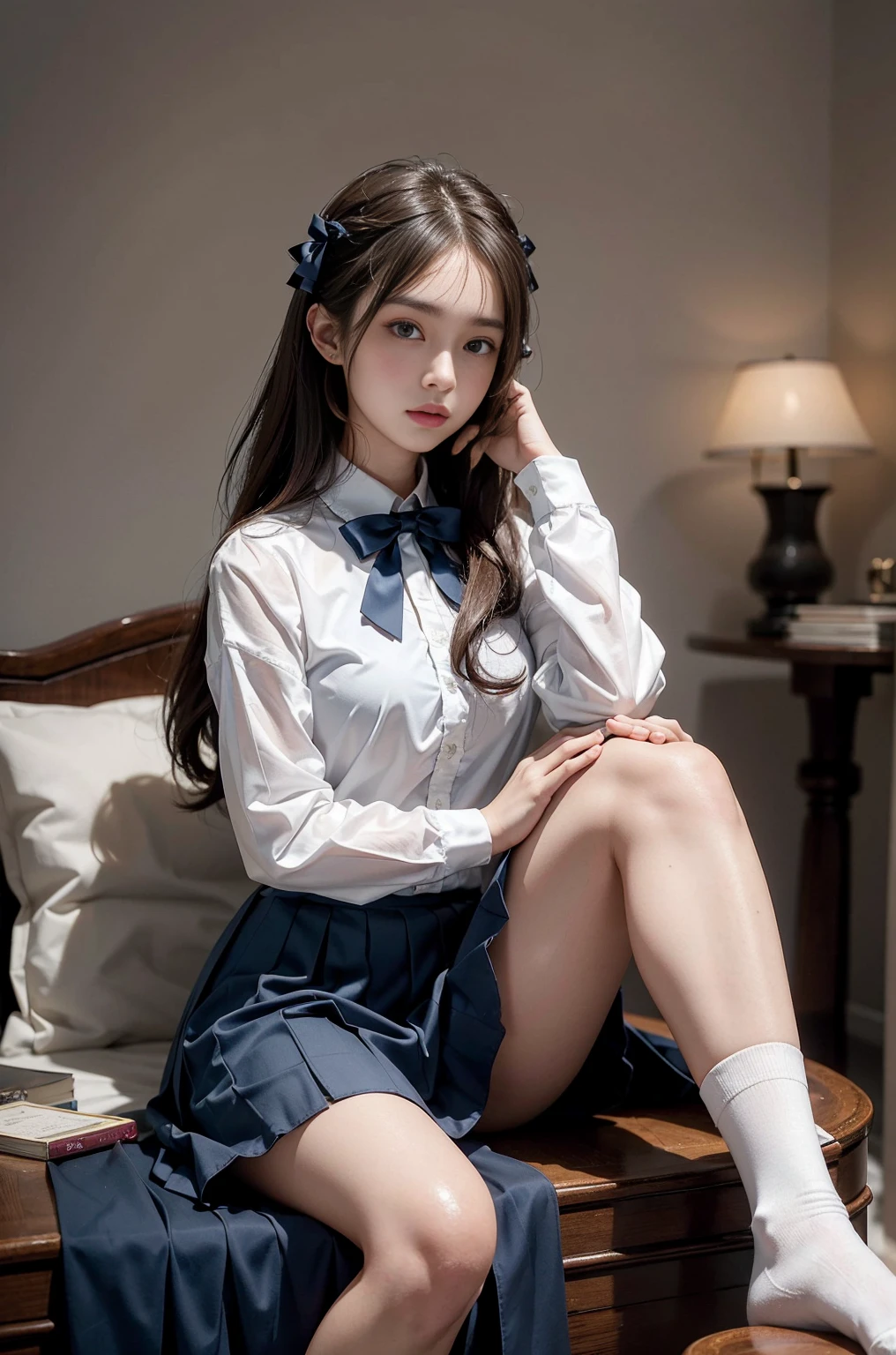 20 year old woman, (high top faded: 1.3), (low(low)), (soft focus), HD, masterpiece, HD, HD, 4K, 超HD, Very realistic shadows, Surrealism, 戏剧性的lamp光, a girl, alone, Detailed face, lifelike眼睛, lifelike皮肤, dynamic hair, dynamic poses, dynamic angle, (White shirt), (dark blue bow tie) , (((Dark blue long skirt)))), ((white hem socks))), library background, (original photo: 1.2), (lifelike: 1.4), beautiful and delicate woman, Extremely detailed eyes and face, beautiful and delicate eyes, Larger file size, 一个Very detailed的, high resolution, Very detailed, best quality, (bright interior), (soft light), (low对比度), ( see deeply), (Portrait of a beautiful woman illuminated by soft light), (Very delicate and elegant depiction), (short bangs), (Head color is dark chestnut，Slightly brownish), (Subtle and silky waves), (long hair两侧错综复杂地编织小辫子), ((white hem socks))), illustration, Very detailed, BAPV, unity, 8k wallpaper, amazing, Exquisite details, best quality, Highly detailed integrated 8K wallpapers so far this year, Coordinating Minister, lamp, 1 girl, 25 years old, (((No)), (camel toe), (half), (Sit on bent knees and legs)), long hair, dark theme, soothing tone, pastel colors, high contrast, (natural skin texture, Surrealism, soft light, No耐烦), Capturing the serene beauty of a young woman immersed in the peaceful atmosphere of a library.. Soft diffused light gently illuminates her features., It emphasizes her sophisticated look and creates a calm atmosphere. Library shelves filled with books，Provide background on knowledge and wisdom. It focuses on capturing models&#39;Natural charm and elegance, Stay calm and consider the nature of the moment. Cute 21 year old Japanese gravure model，Soft body, gray brown wavy hair, Decorate with ribbon, charming appearance. She wears a frilly white blouse, Blue ruffled skirt and white ruffled socks. sitting on bed, She hugged her knees，Staring at the camera, Exudes melancholy charm. Create scenes where beauty and ephemerality intertwine, national foundation