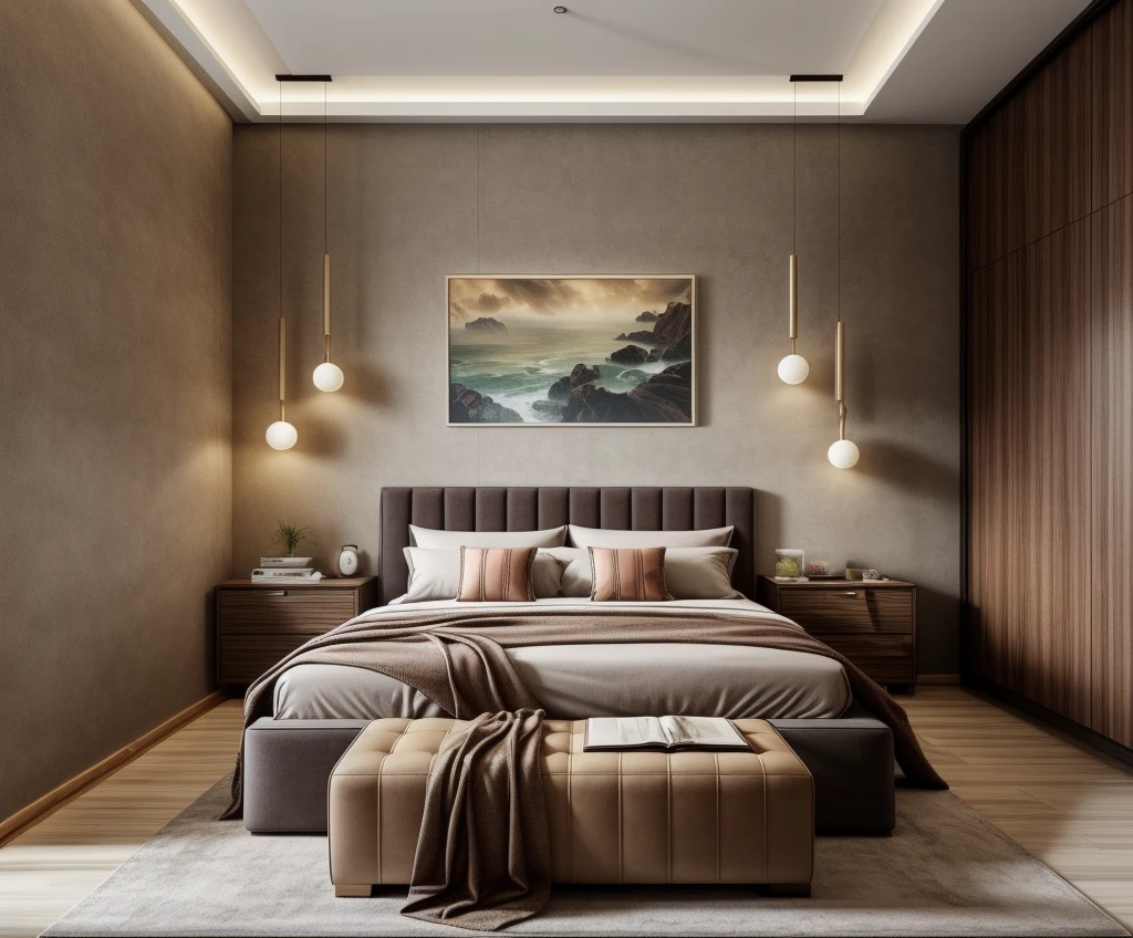 modern bedroom, (supper detail:1.2), brown luxury bed, combo tropical style poter on the wall, marble floor, 1 big abtract poster on the wall, warm light