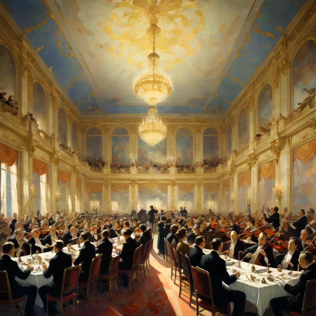 Art Deco, decorative art, by N.C. Wyeth, (philharmonic orchestra), music, Palace of Versailles, Noble guests, Banquets, luxury clothes, grandeur, panoramic, Ultra high saturation, bright and vivid colors, (best quality, masterpiece, Representative work, official art, Professional, 8k)
