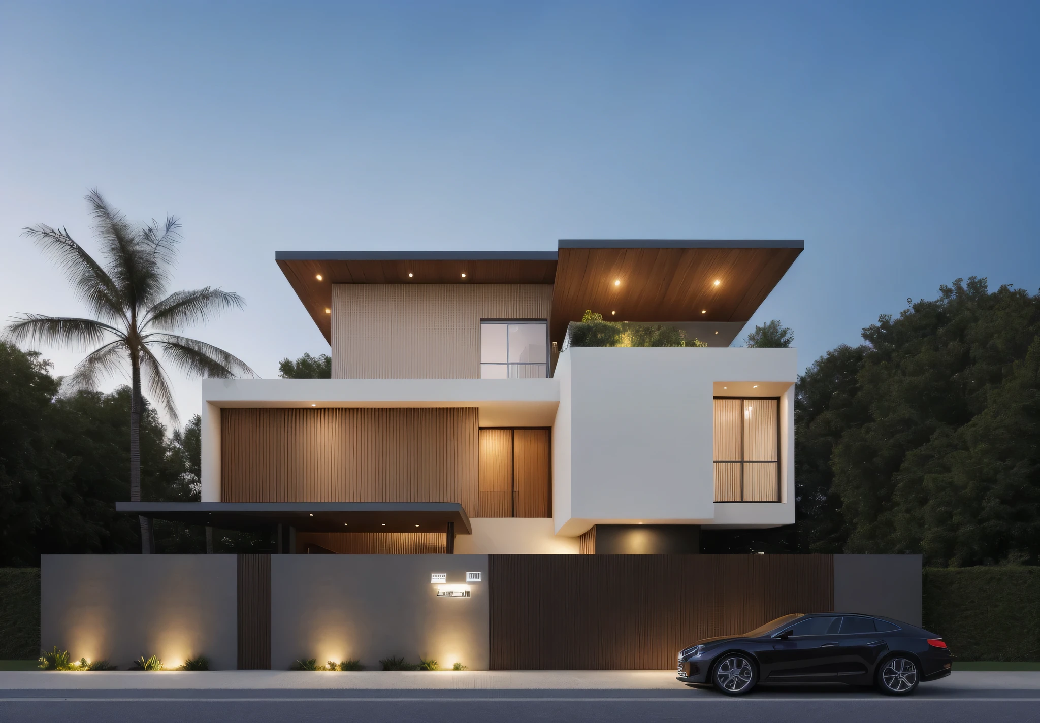 1 morden villa with, main material of villa about white wall and wooden cladding, main material by white wall and wood, 1large yard, 1 road runs in front of the house, (RAW photo, real, best quality, masterpiece:1.2), look morden minimalist, 1 road in front of the house, dynamic lighting:1.3, (hyper realistic, photo-realistic:1.2), high quality, (dark lighting:1.2), perfect lighting, archdaily, no human