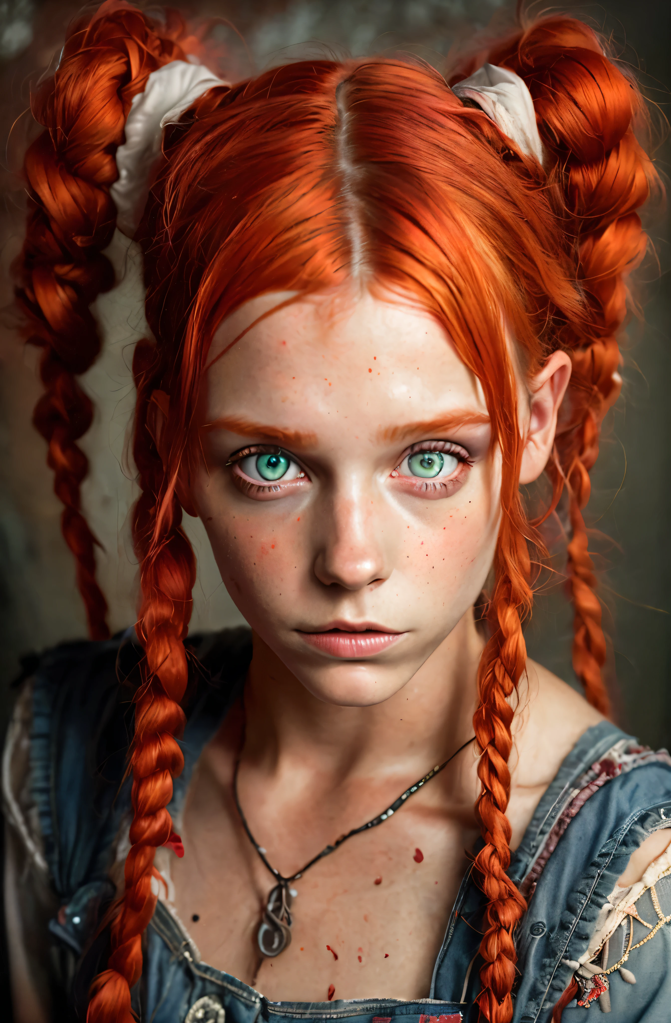 Ultra-real photo of 18-year-old Pippi Longstocking, mischievous eyes, long red tousled and braided hair, sexual, Sloppy look, medium shot, In Dynamic, bright colors, Intricate details of her beautiful eyes and perfect face.