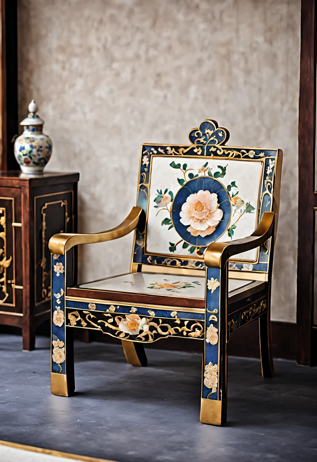 ultra high definition，masterpiece，precise，Super detailed，high detail，high quality，Award-winning，best quality，high-rise，16k，background：simple gold， Decorative Arts，（Close-up of Chinese cloisonné style round chair），Inlaid cloisonné palace chair，It is a traditional furniture made of high quality white rosewood.，Copper cloisonné enamel tire，The chair has delicate flowers on its surface，bird，fish，Auspicious cloud pattern，The chair ring is round，The seats are square，