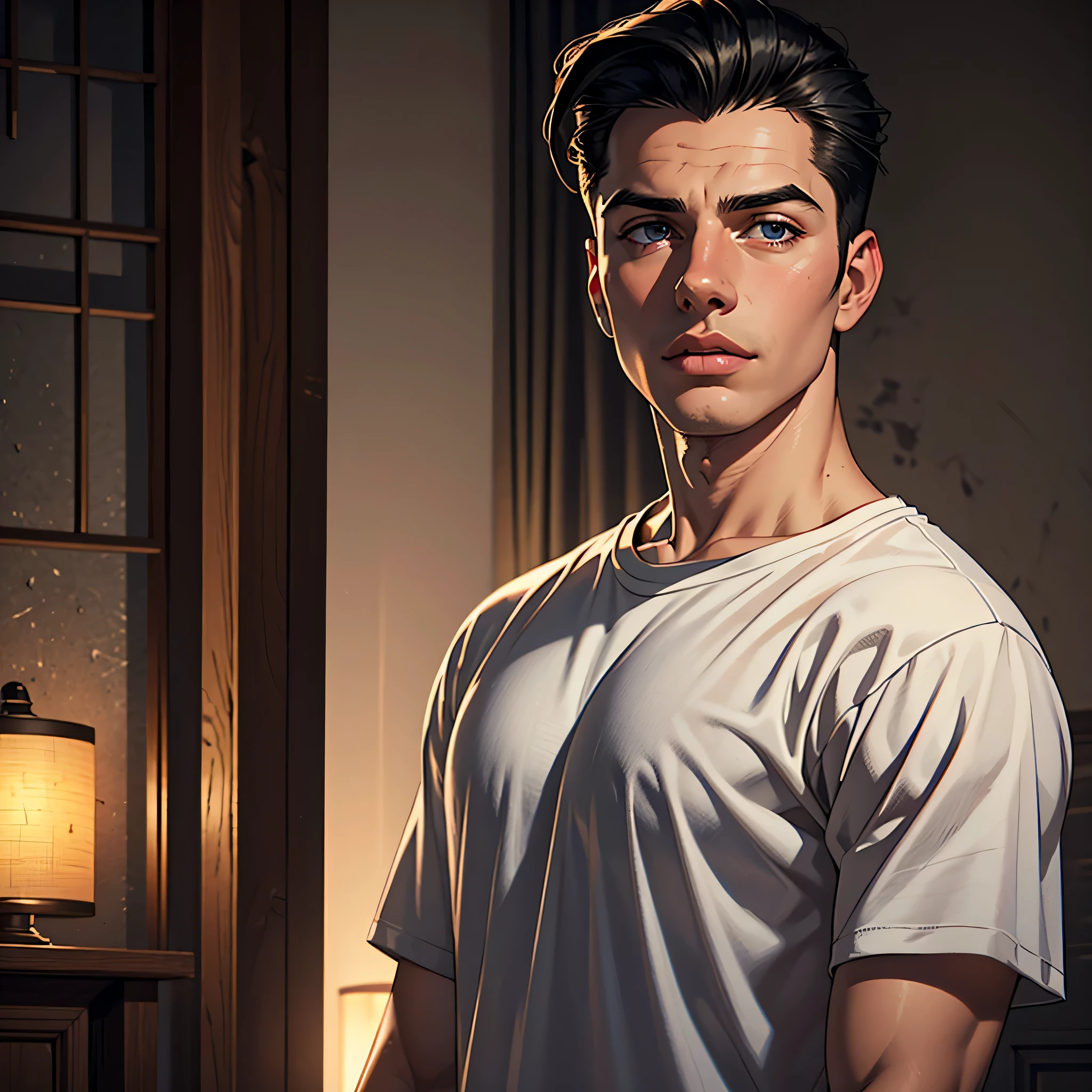 (melhor qualidade, realista, macho), 15 anos, (1 menino), olhos detalhados, Detailed lips, Cabelo preto, slicked back hair, camiseta, standing, ambiente aconchegante, soft lighting, ambiente calmo, macho