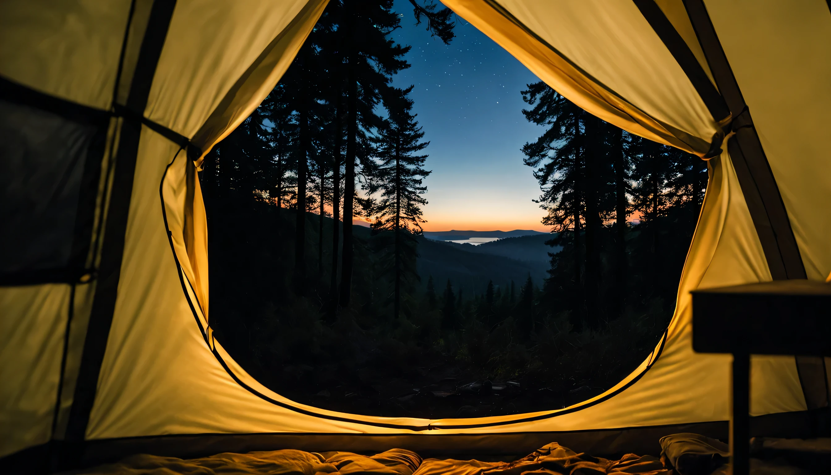 Looking out from inside the tent, Night atmosphere in the middle of the forest, avoid photos that are not inside the camper tent, looking at the beautiful scenery from inside the camper tent.