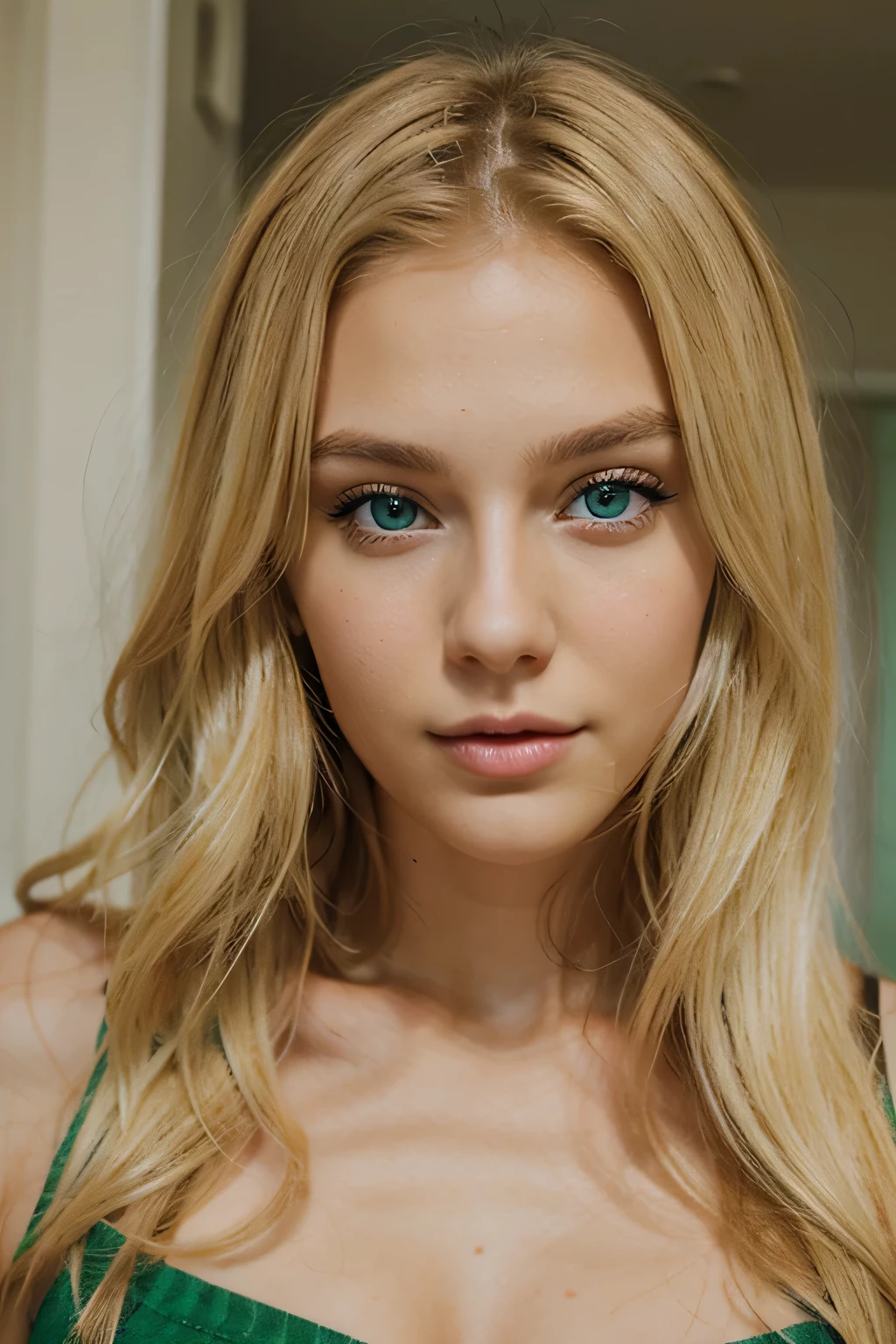 create a 22 years old beautiful blonde girl with green eyes